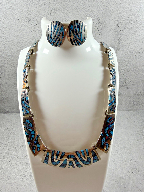 None Jewelry - Vintage Mexico Turquoise Inlay Necklace and Earrings